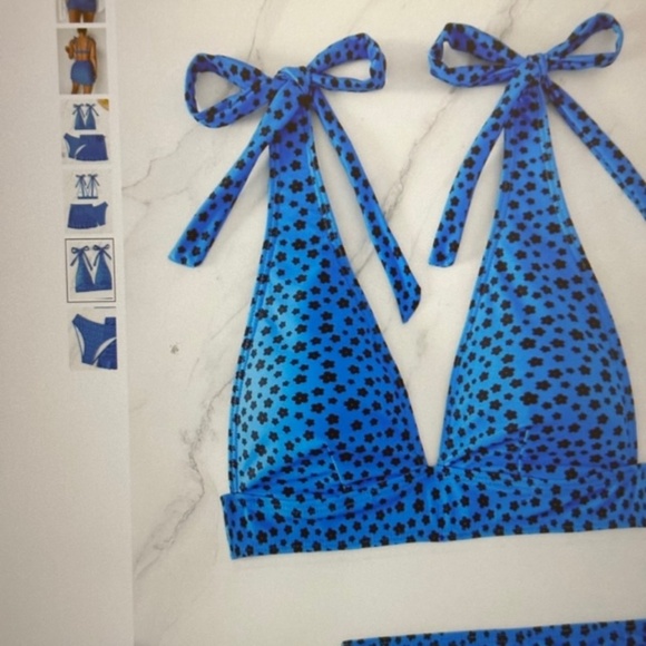 New Ditsy 3-Pcs Floral Tie Shoulder High Waist Bikini with Skirt Blue Various - Picture 4 of 6